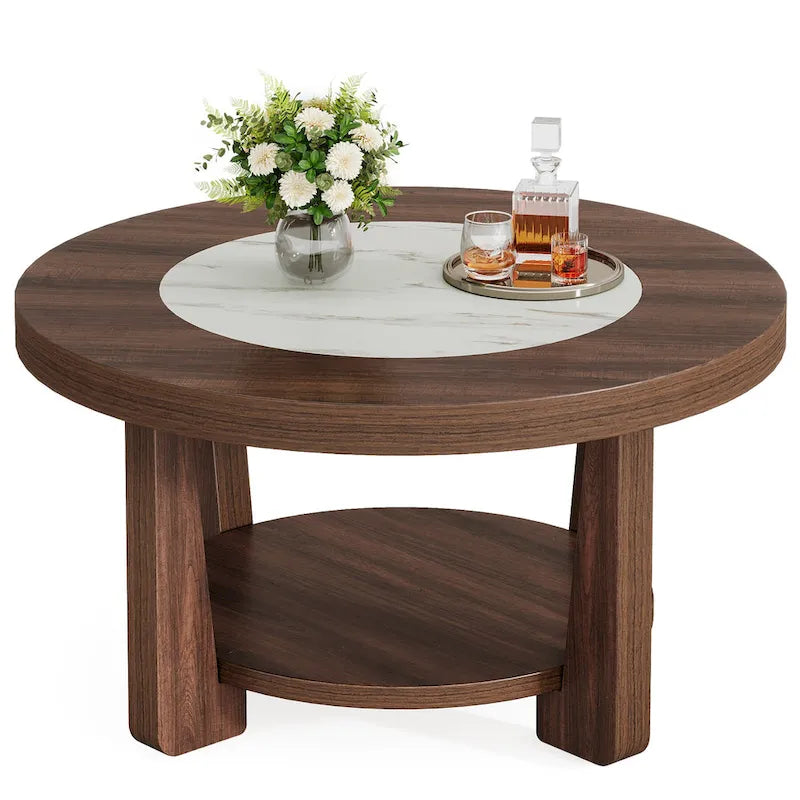 Round Two-Tier MDF Coffee Table with Walnut Brown White Two-Tone Top