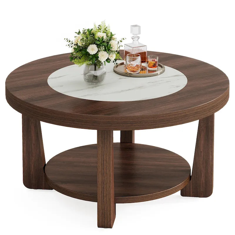 Round Two-Tier MDF Coffee Table with Walnut Brown White Two-Tone Top