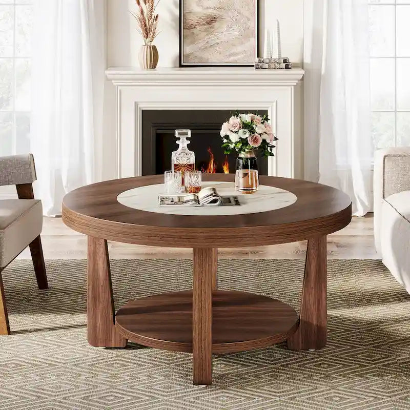 Round Two-Tier MDF Coffee Table with Walnut Brown White Two-Tone Top