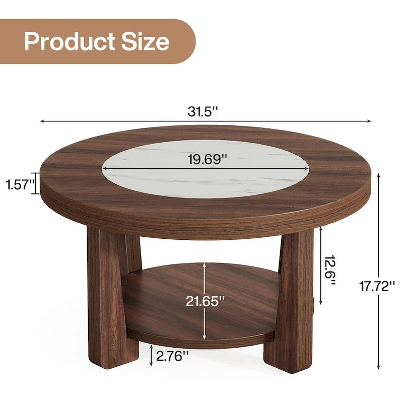 Round Two-Tier MDF Coffee Table with Walnut Brown White Two-Tone Top