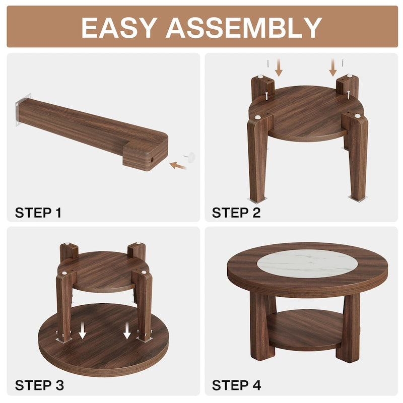 Round Two-Tier MDF Coffee Table with Walnut Brown White Two-Tone Top