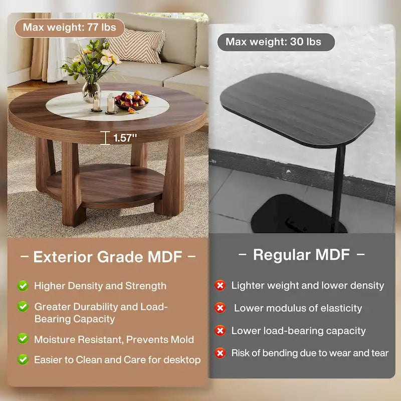 Round Two-Tier MDF Coffee Table with Walnut Brown White Two-Tone Top