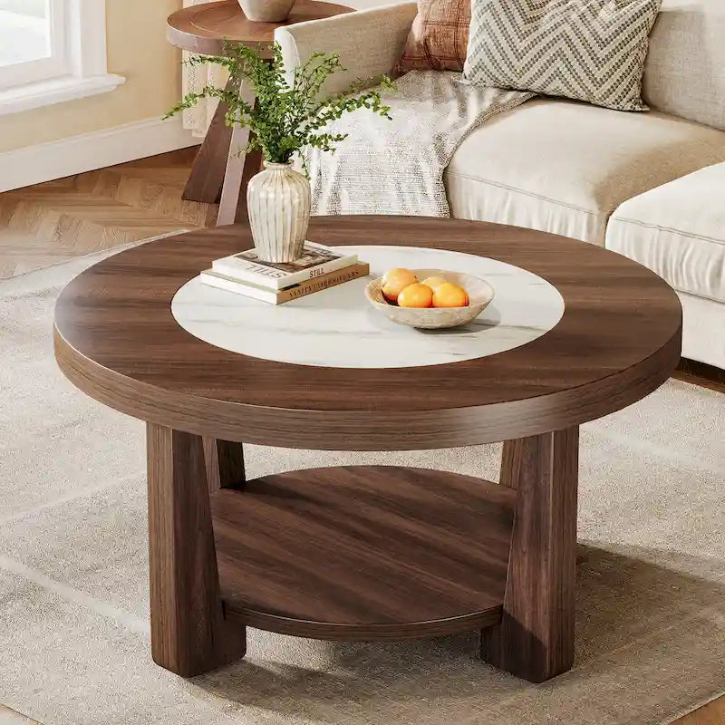 Round Two-Tier MDF Coffee Table with Walnut Brown White Two-Tone Top