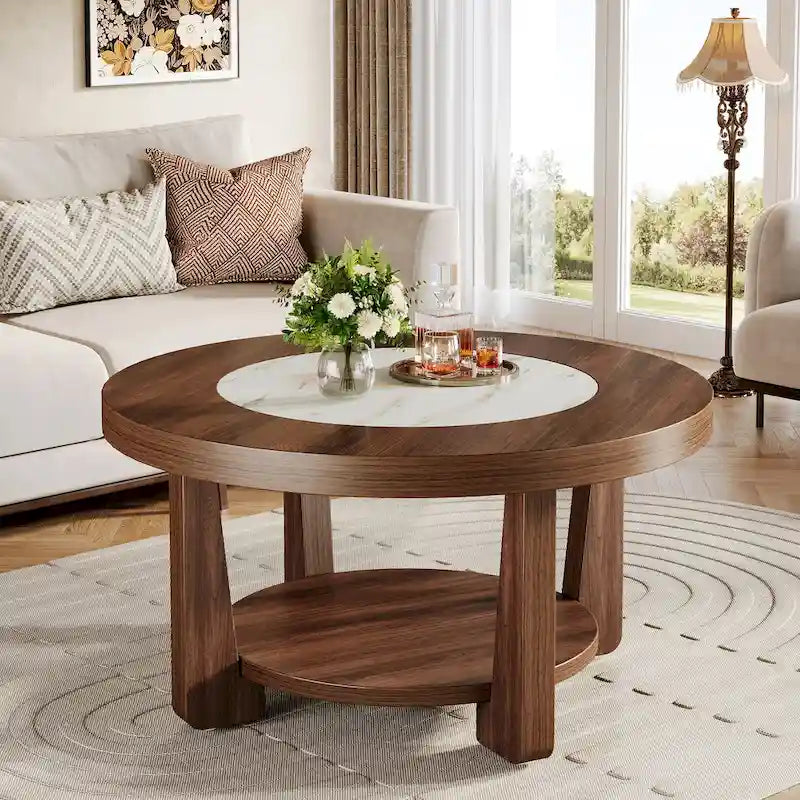 Round Two-Tier MDF Coffee Table with Walnut Brown White Two-Tone Top