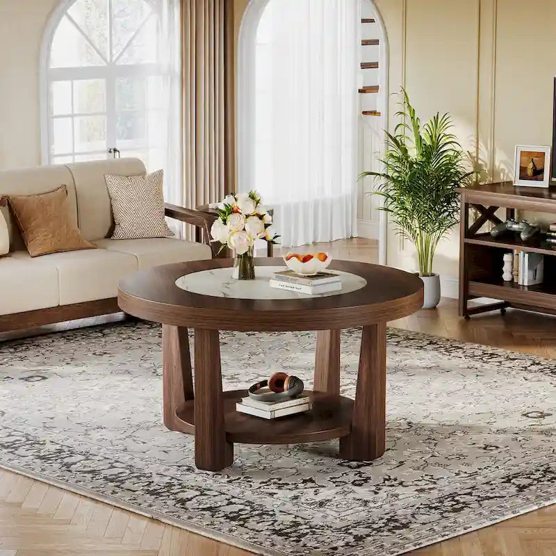 Round Two-Tier MDF Coffee Table with Walnut Brown White Two-Tone Top