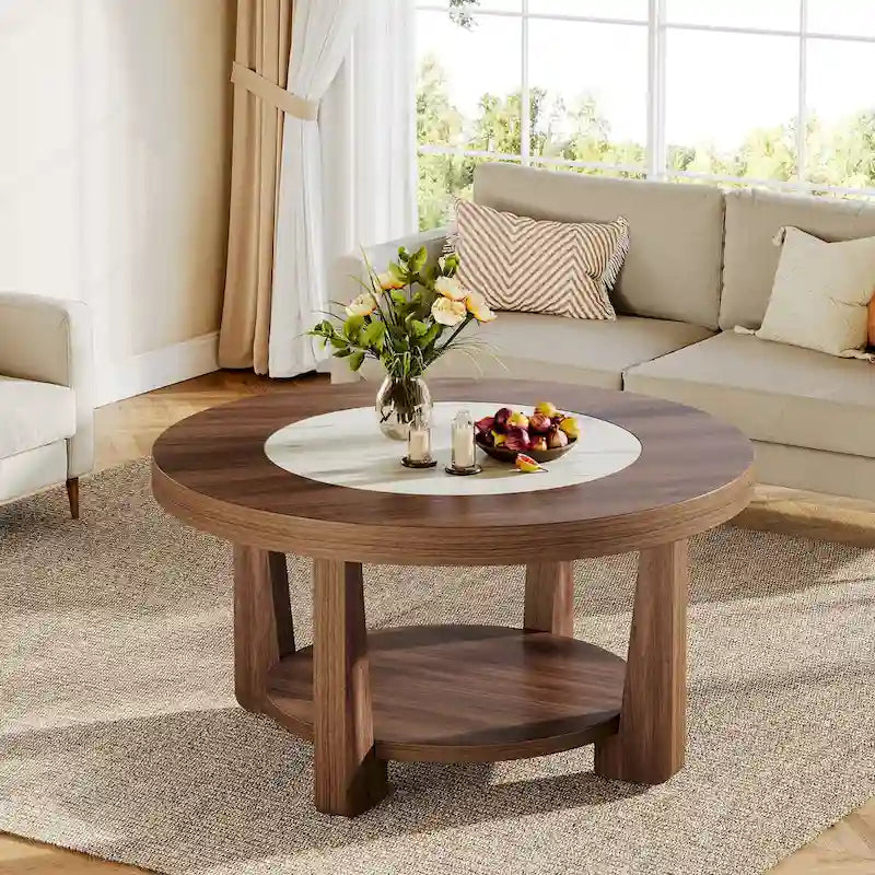Round Two-Tier MDF Coffee Table with Walnut Brown White Two-Tone Top