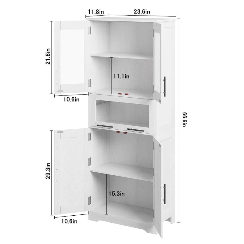 Tall White Storage Cabinet Glass Doors Drawer Adjustable Shelves Bathroom