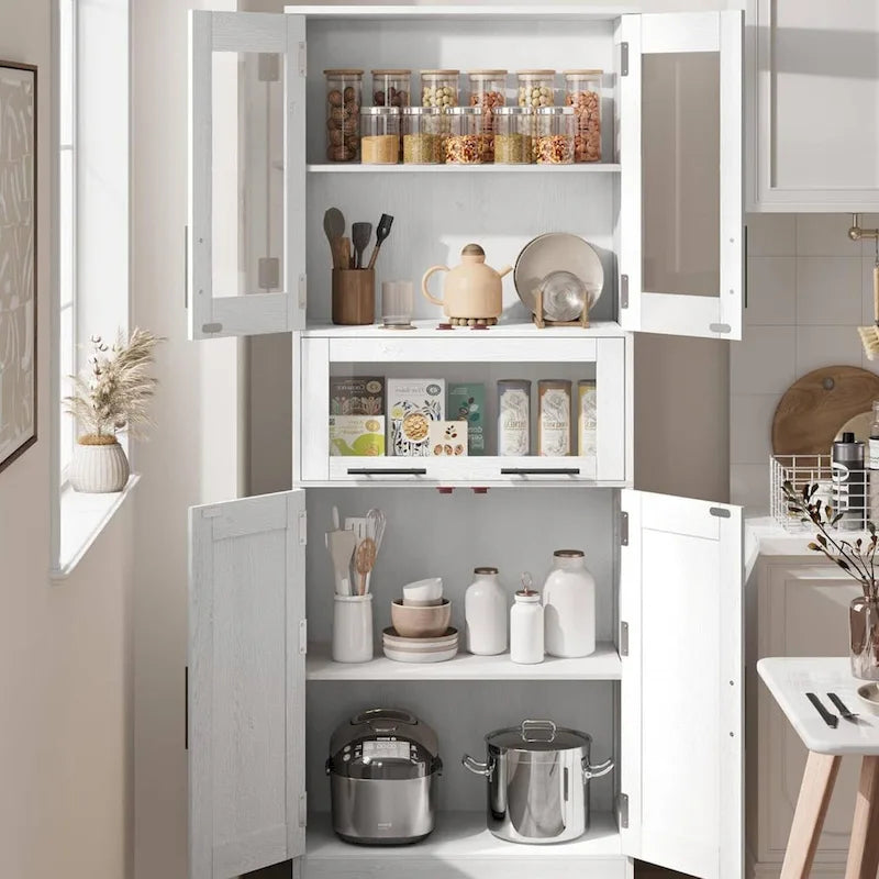 Tall White Storage Cabinet Glass Doors Drawer Adjustable Shelves Bathroom