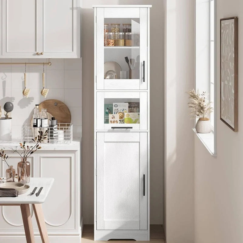 Tall White Storage Cabinet Glass Doors Drawer Adjustable Shelves Bathroom