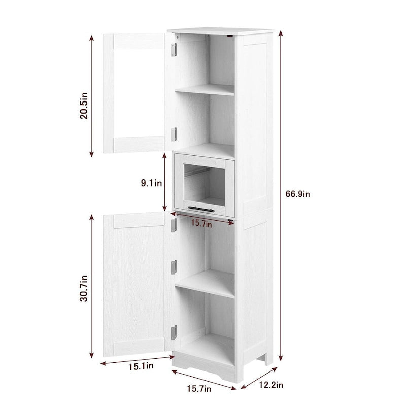 Tall White Storage Cabinet Glass Doors Drawer Adjustable Shelves Bathroom