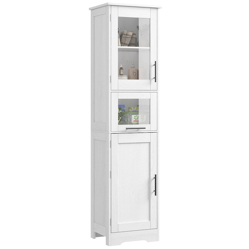 Tall White Storage Cabinet Glass Doors Drawer Adjustable Shelves Bathroom