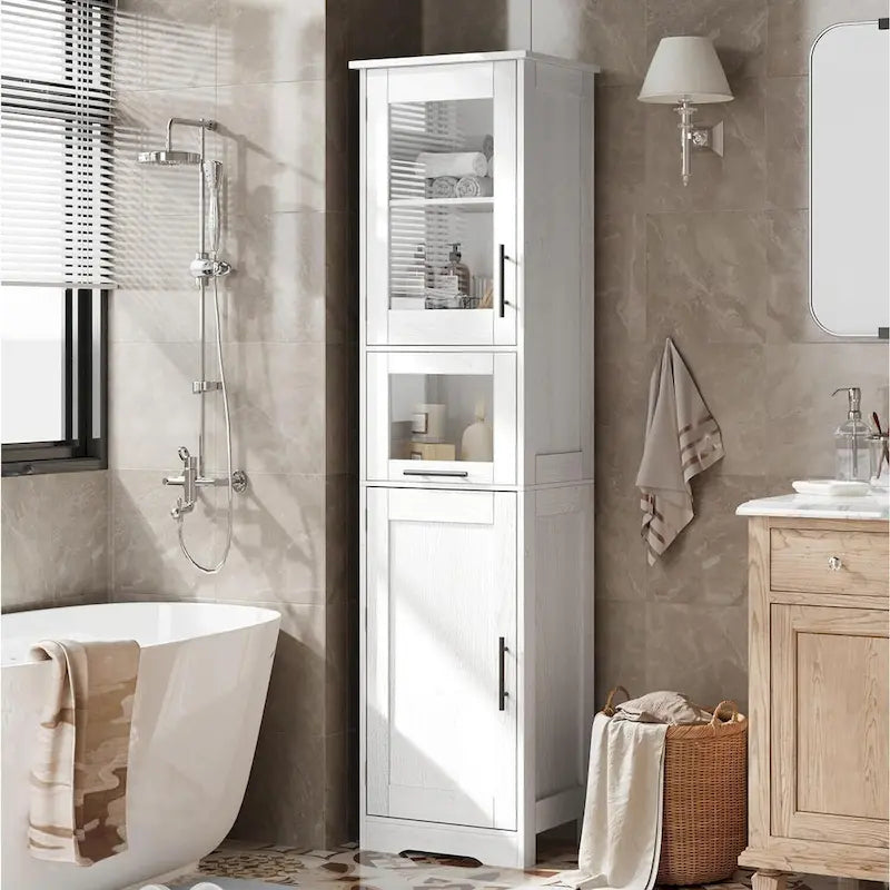 Tall White Storage Cabinet Glass Doors Drawer Adjustable Shelves Bathroom