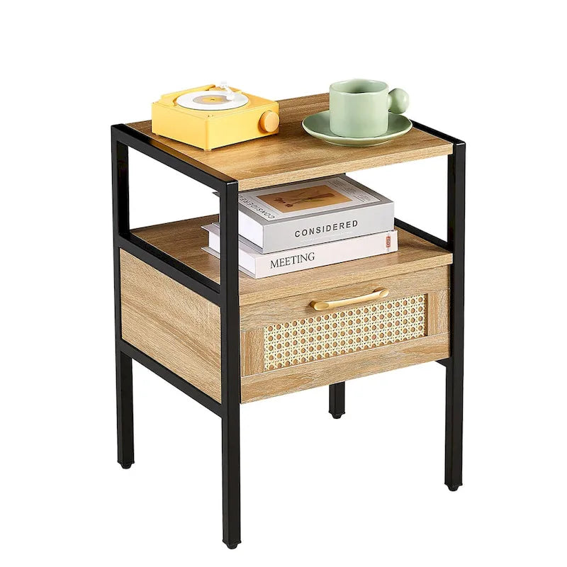 Set of 2, 15.75 Rattan End table with drawer, Modern nightstand, metal legs, side table for living room, bedroom