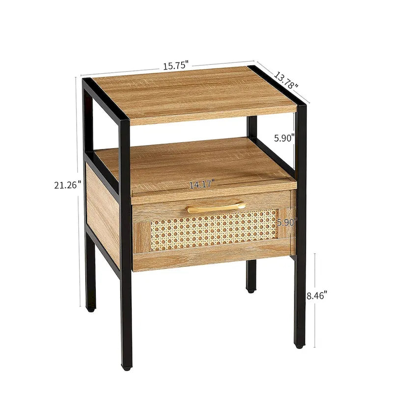 Rattan Woven End Table with Drawer Metal Legs White Brown