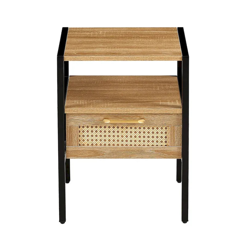 Rattan Woven End Table with Drawer Metal Legs White Brown