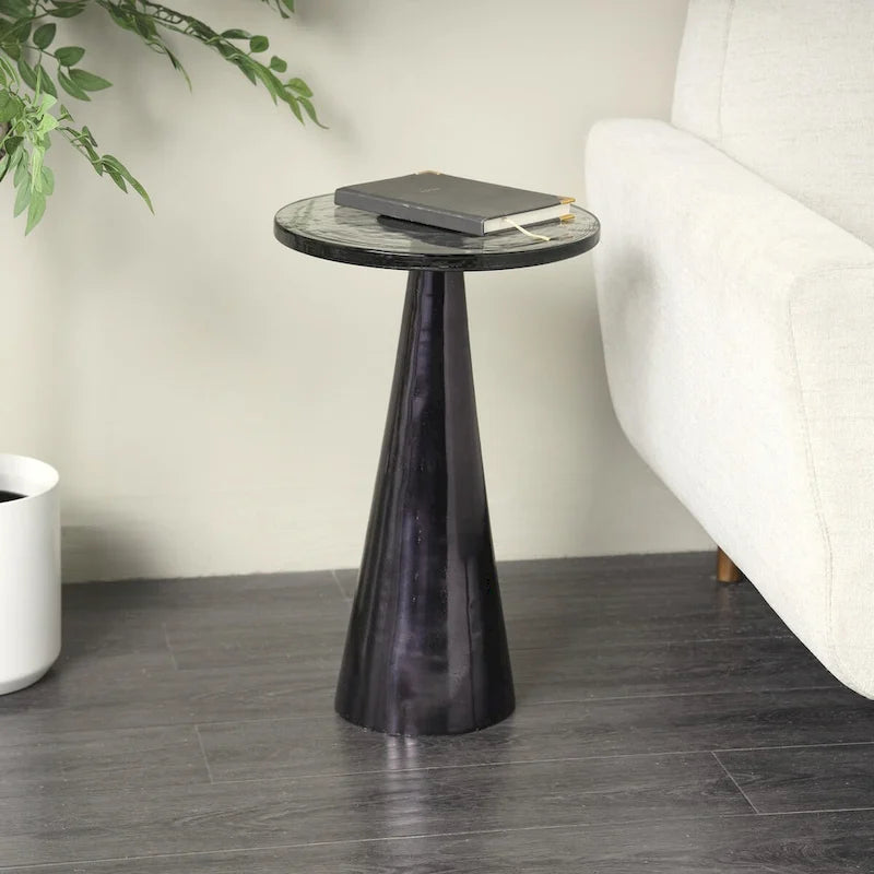 Modern Geometric Cone Base Round Glass Top Accent Side Table Black Gold