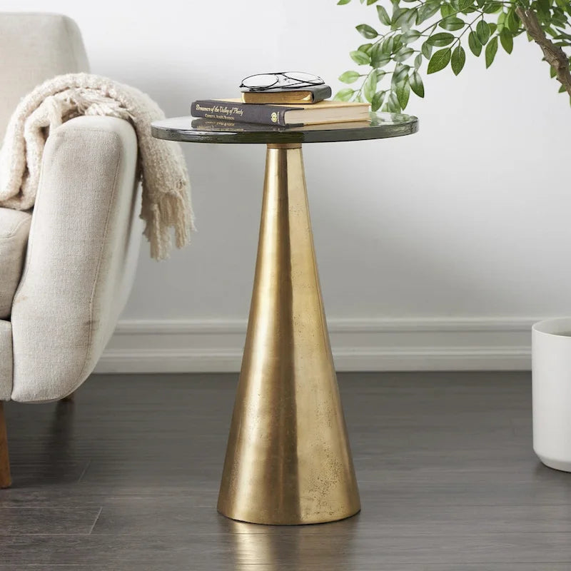 Modern Geometric Cone Base Round Glass Top Accent Side Table Black Gold