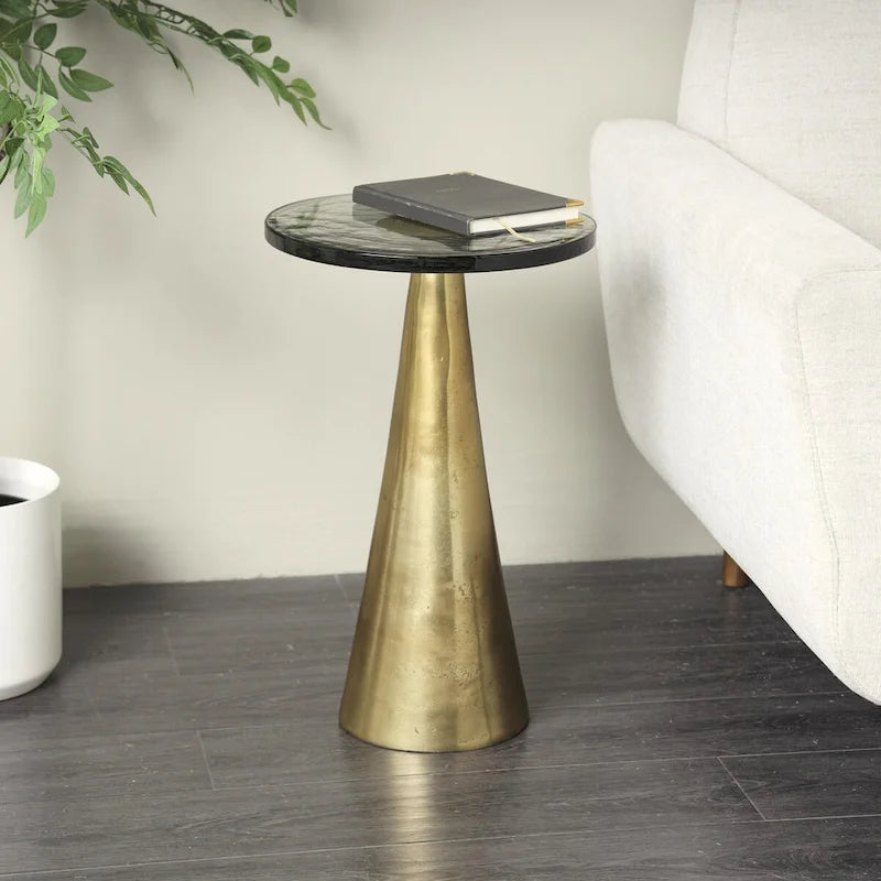Modern Geometric Cone Base Round Glass Top Accent Side Table Black Gold