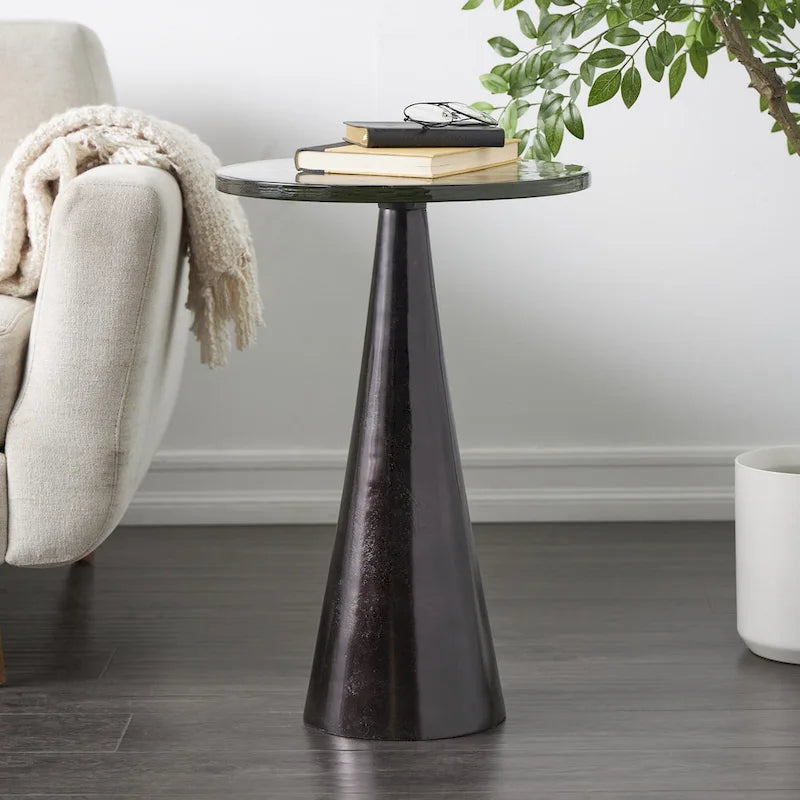 Modern Geometric Cone Base Round Glass Top Accent Side Table Black Gold